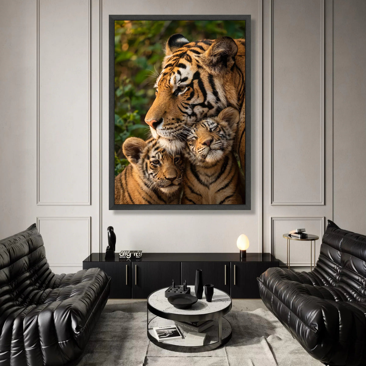 Tiger Family Portrait Canvas Wall Art, Majestic Wildlife Decor, Jungle Animal Print, Close-Up Tiger Cubs Illustration, Canvas Print Art