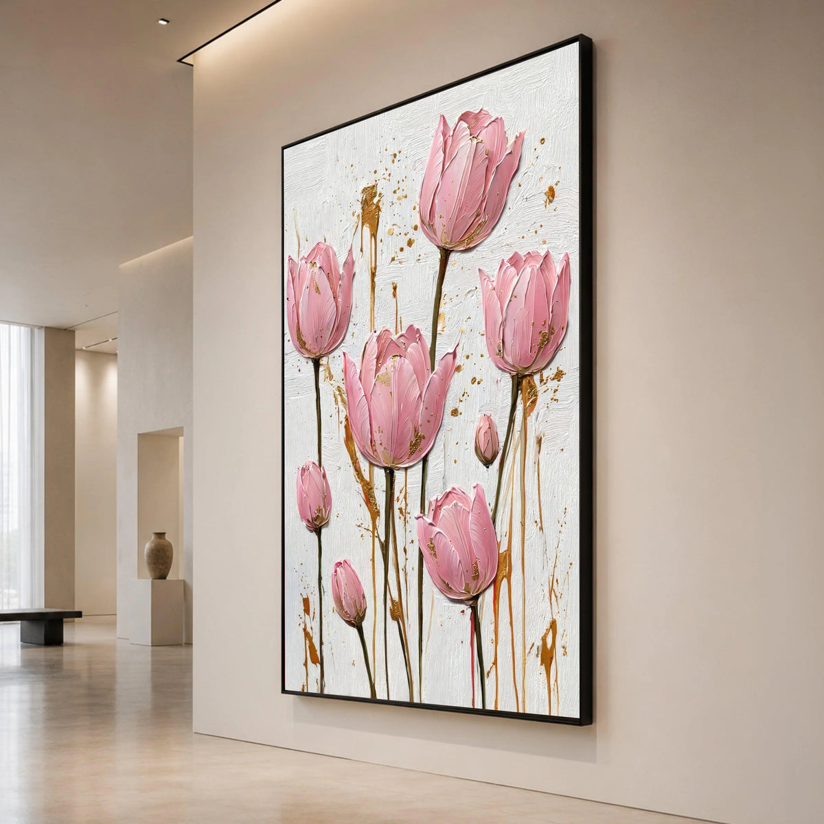 Elegant Pink Tulips Canvas Wall Art, Floral Home Decoration, Modern Flower Painting, Vertical Botanical Canvas, Ready to Canvas Print Art