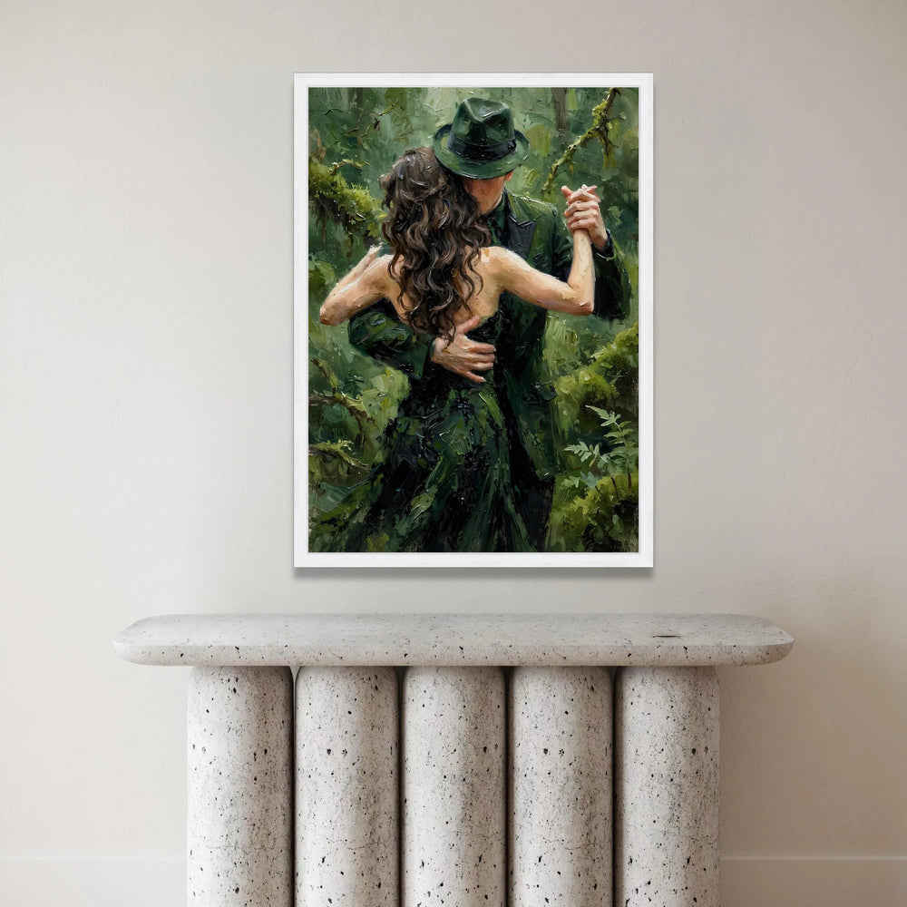 Romantic Dance Couple Canvas, Green Forest Background, Elegant Couple Wall Art, Embrace Painting on Canvas, Home Decor Canvas Print Art