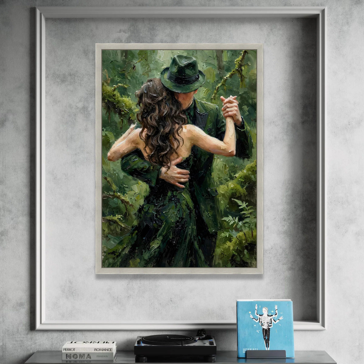 Romantic Dance Couple Canvas, Green Forest Background, Elegant Couple Wall Art, Embrace Painting on Canvas, Home Decor Canvas Print Art