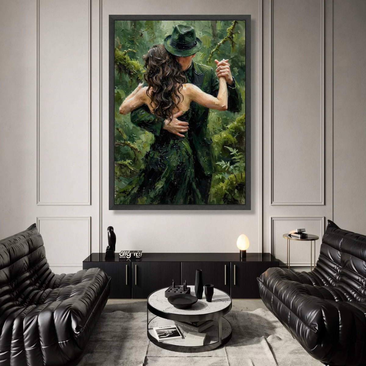 Romantic Dance Couple Canvas, Green Forest Background, Elegant Couple Wall Art, Embrace Painting on Canvas, Home Decor Canvas Print Art
