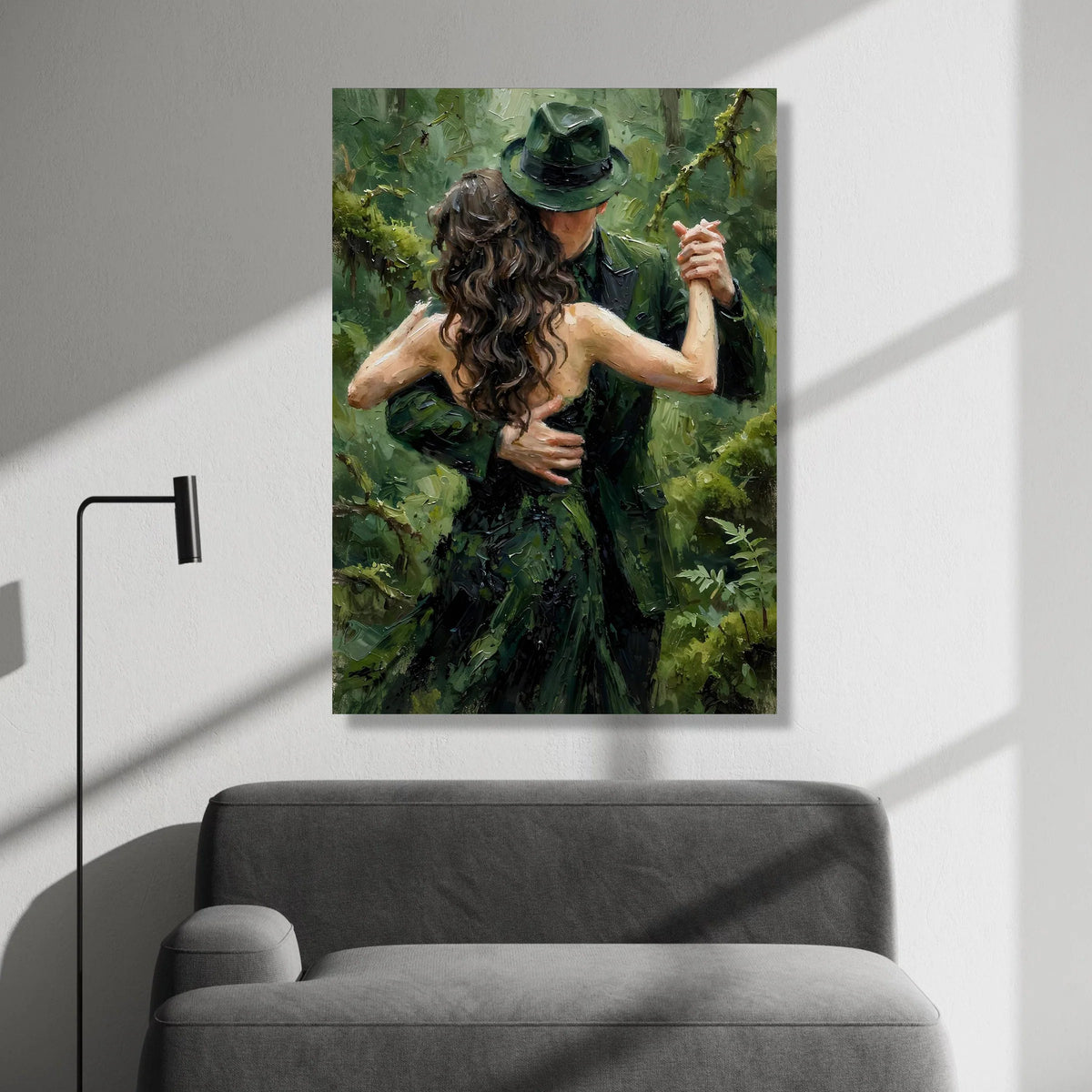 Romantic Dance Couple Canvas, Green Forest Background, Elegant Couple Wall Art, Embrace Painting on Canvas, Home Decor Canvas Print Art