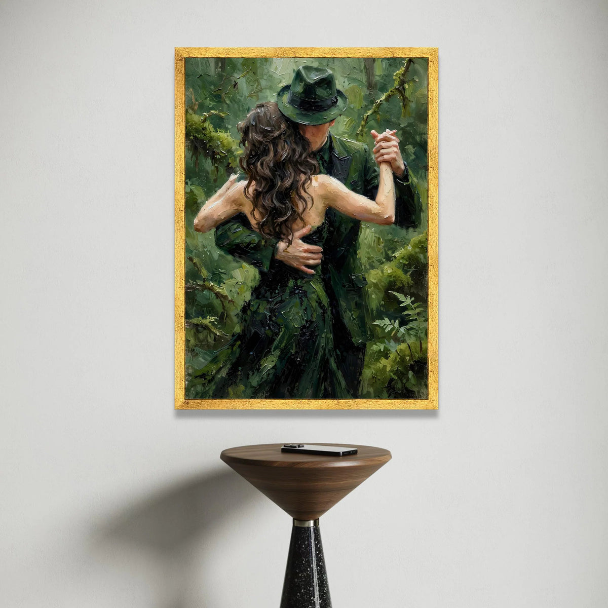 Romantic Dance Couple Canvas, Green Forest Background, Elegant Couple Wall Art, Embrace Painting on Canvas, Home Decor Canvas Print Art
