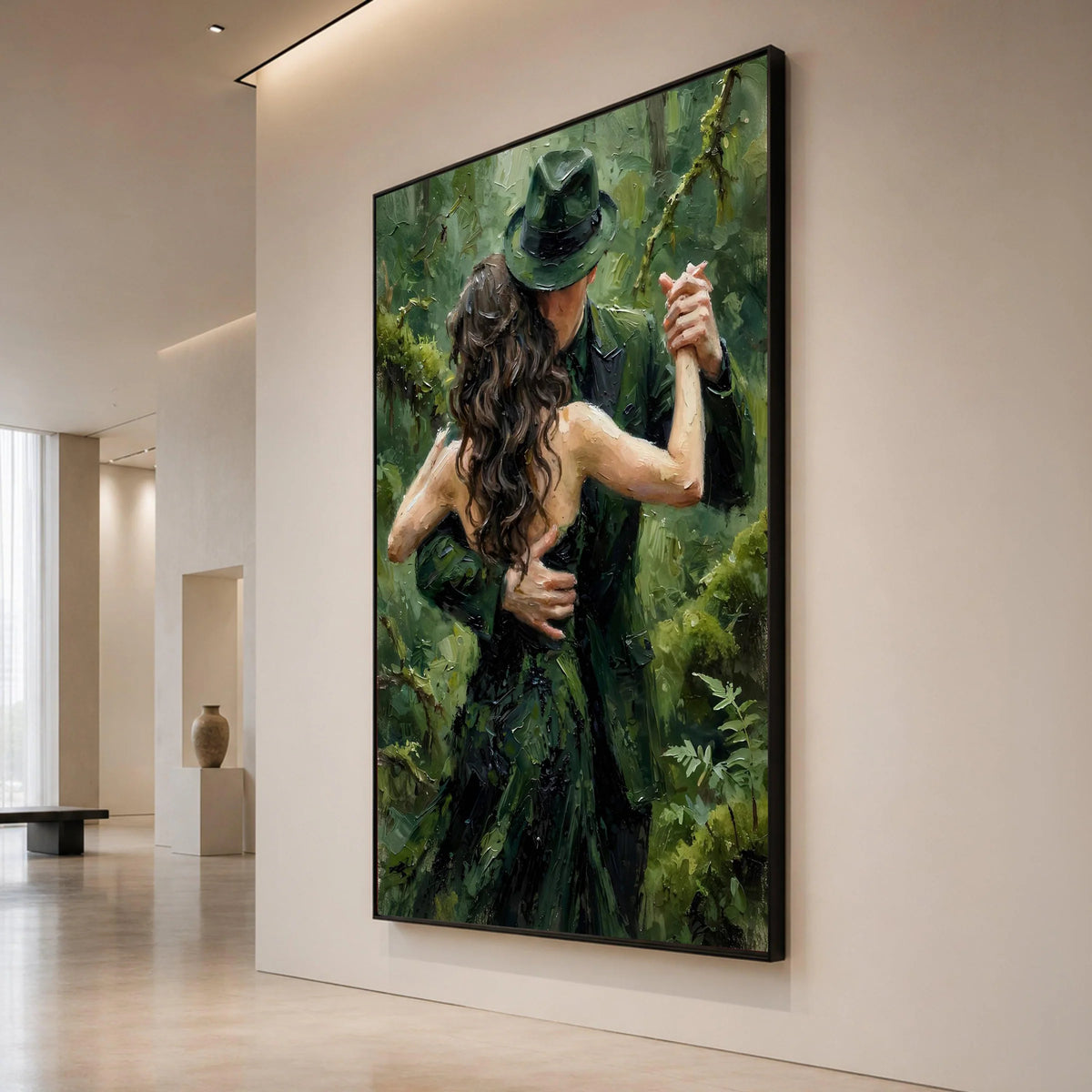Romantic Dance Couple Canvas, Green Forest Background, Elegant Couple Wall Art, Embrace Painting on Canvas, Home Decor Canvas Print Art