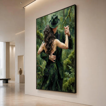 Romantic Dance Couple Canvas, Green Forest Background, Elegant Couple Wall Art, Embrace Painting on Canvas, Home Decor Canvas Print Art