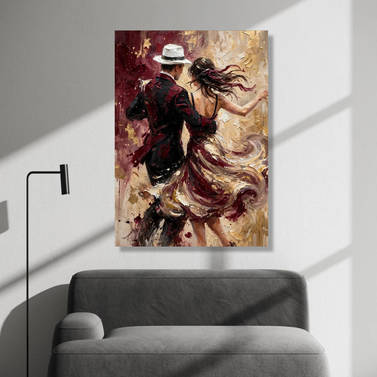 Romantic Dance Couple, Elegant Ballroom Scene Canvas, Swirling Dress Wall Art, Passionate Dance Painting, Modern Home Decor Canvas Print Art