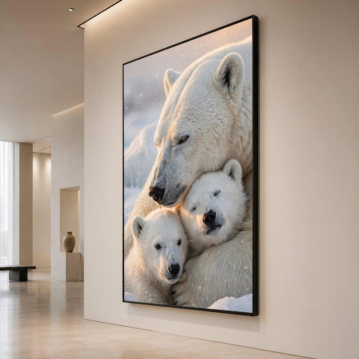 Polar Bear Family Embrace, Arctic Wildlife Canvas, Cozy Winter Scene, Animal Wall Art, Nature Canvas Print, Home Decoration Canvas Print Art