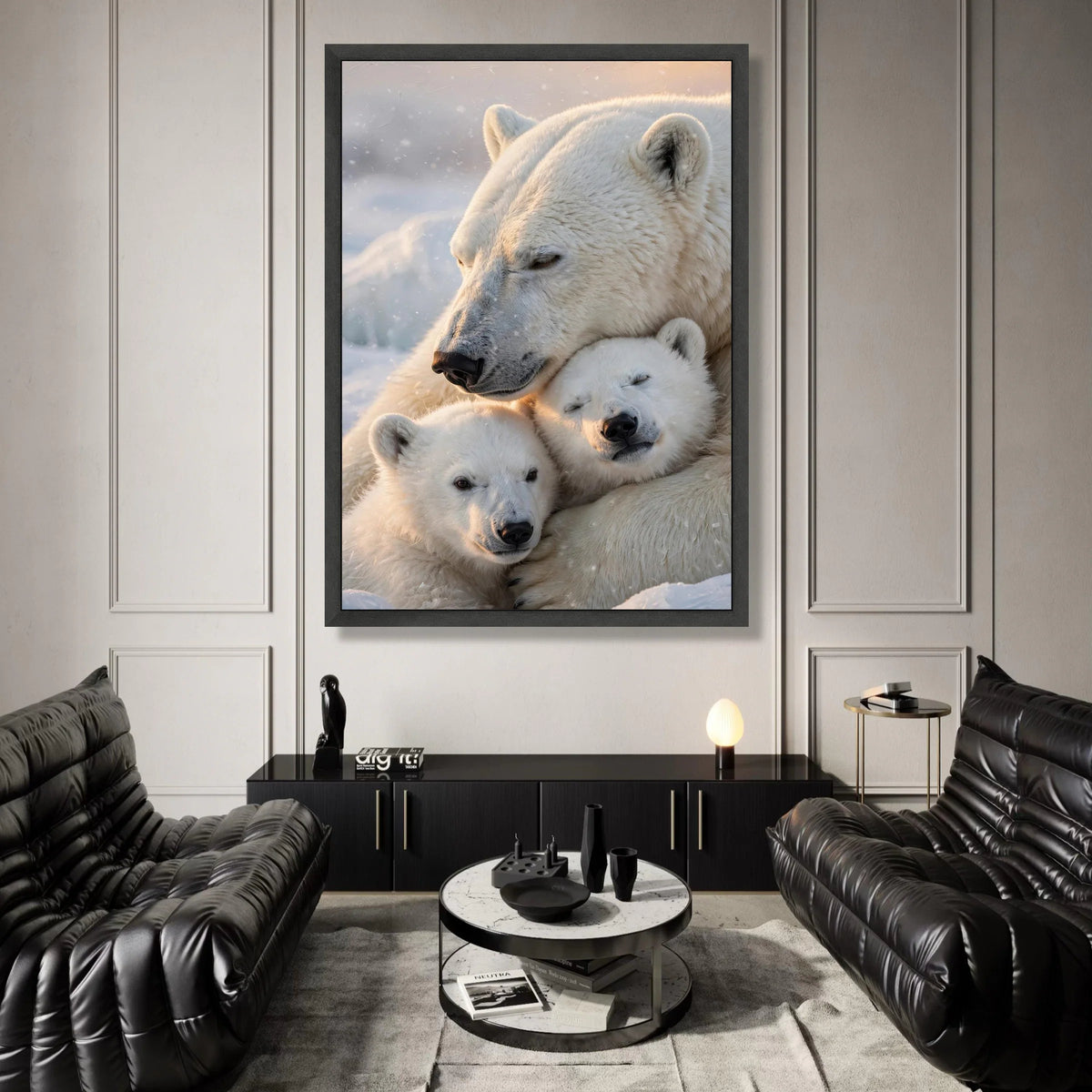 Polar Bear Family Embrace, Arctic Wildlife Canvas, Cozy Winter Scene, Animal Wall Art, Nature Canvas Print, Home Decoration Canvas Print Art