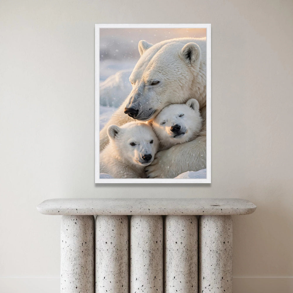 Polar Bear Family Embrace, Arctic Wildlife Canvas, Cozy Winter Scene, Animal Wall Art, Nature Canvas Print, Home Decoration Canvas Print Art