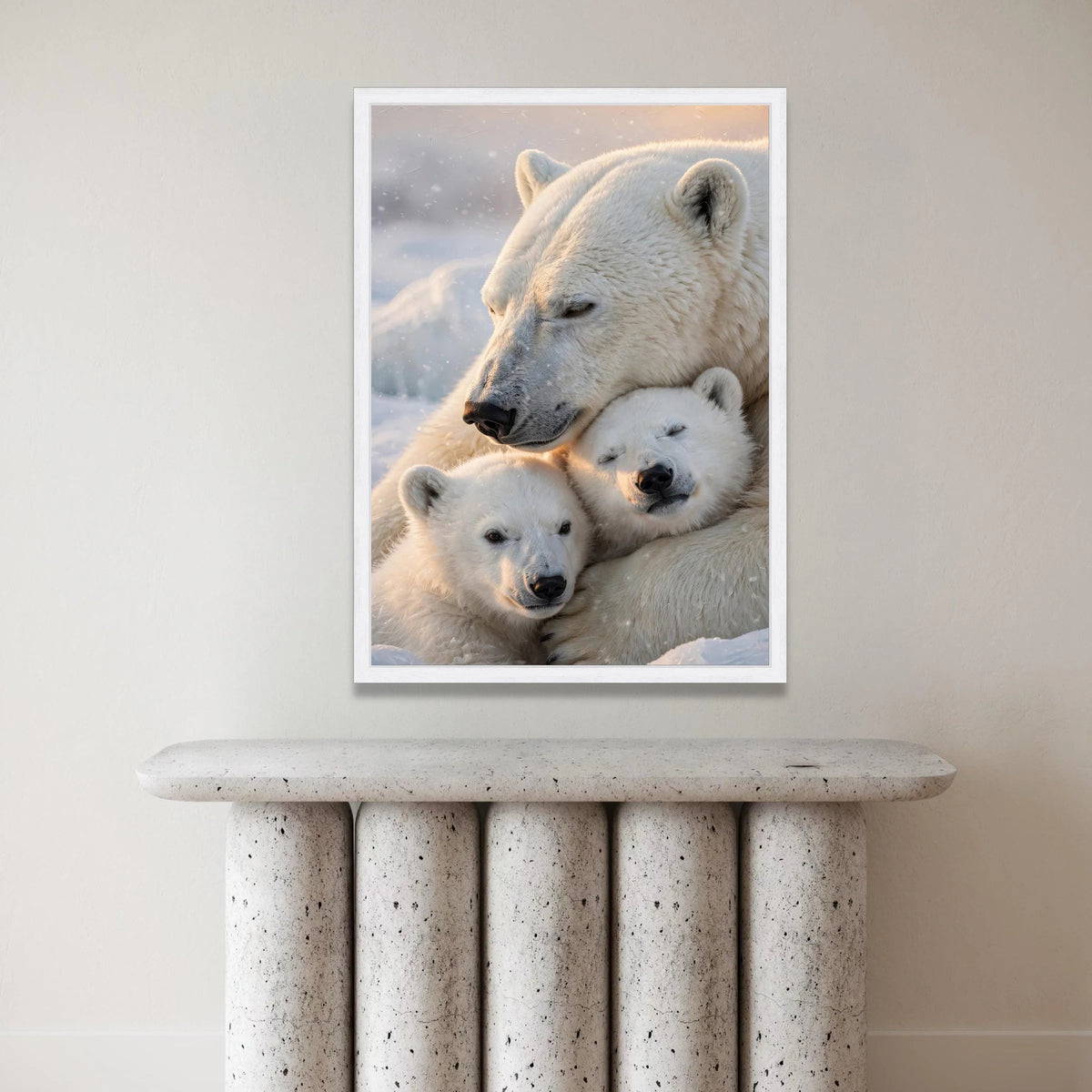 Polar Bear Family Embrace, Arctic Wildlife Canvas, Cozy Winter Scene, Animal Wall Art, Nature Canvas Print, Home Decoration Canvas Print Art