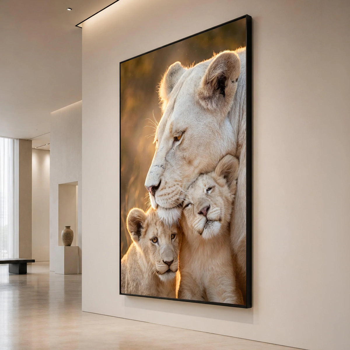Tender White Lioness with Cubs Canvas, Wildlife Animal Family Wall Art, Nature Portrait Canvas, Safari Home Decoration Canvas Print Art