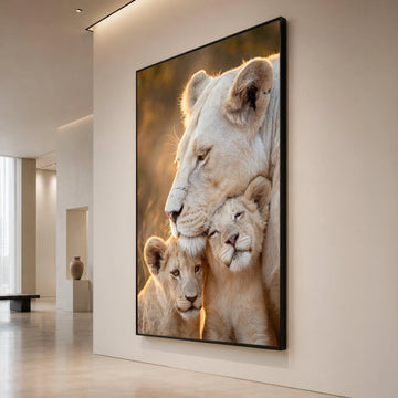 Tender White Lioness with Cubs Canvas, Wildlife Animal Family Wall Art, Nature Portrait Canvas, Safari Home Decoration Canvas Print Art
