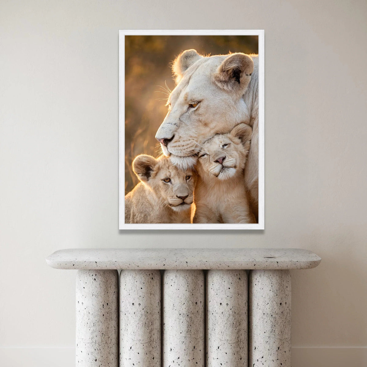 Tender White Lioness with Cubs Canvas, Wildlife Animal Family Wall Art, Nature Portrait Canvas, Safari Home Decoration Canvas Print Art