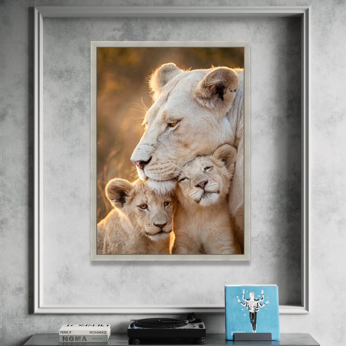 Tender White Lioness with Cubs Canvas, Wildlife Animal Family Wall Art, Nature Portrait Canvas, Safari Home Decoration Canvas Print Art