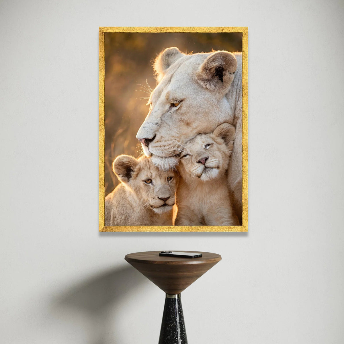 Tender White Lioness with Cubs Canvas, Wildlife Animal Family Wall Art, Nature Portrait Canvas, Safari Home Decoration Canvas Print Art