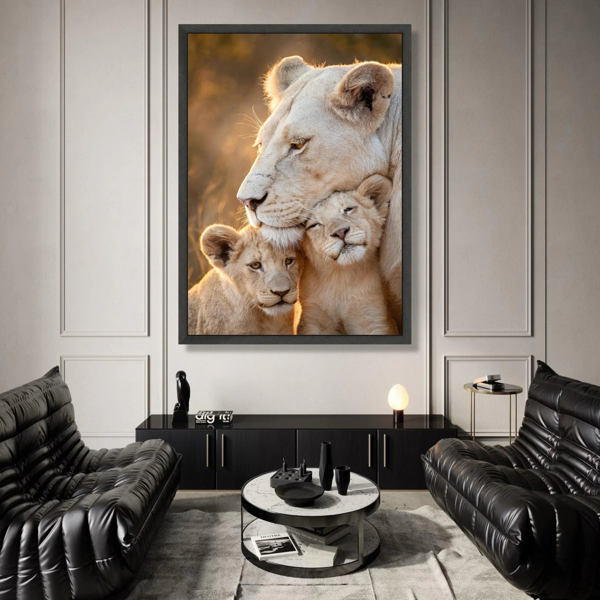 Tender White Lioness with Cubs Canvas, Wildlife Animal Family Wall Art, Nature Portrait Canvas, Safari Home Decoration Canvas Print Art