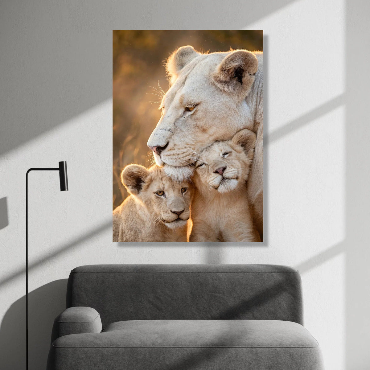 Tender White Lioness with Cubs Canvas, Wildlife Animal Family Wall Art, Nature Portrait Canvas, Safari Home Decoration Canvas Print Art