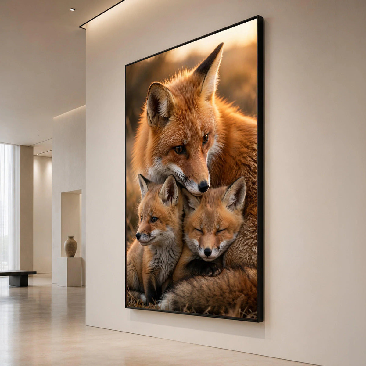 Caring Fox Family, Wildlife Canvas Wall Art, Animal Nature Photography, Warm Sunset Scene, Cozy Forest Decor, Ready to Hang Canvas Print Art