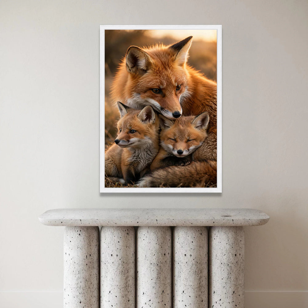 Caring Fox Family, Wildlife Canvas Wall Art, Animal Nature Photography, Warm Sunset Scene, Cozy Forest Decor, Ready to Hang Canvas Print Art