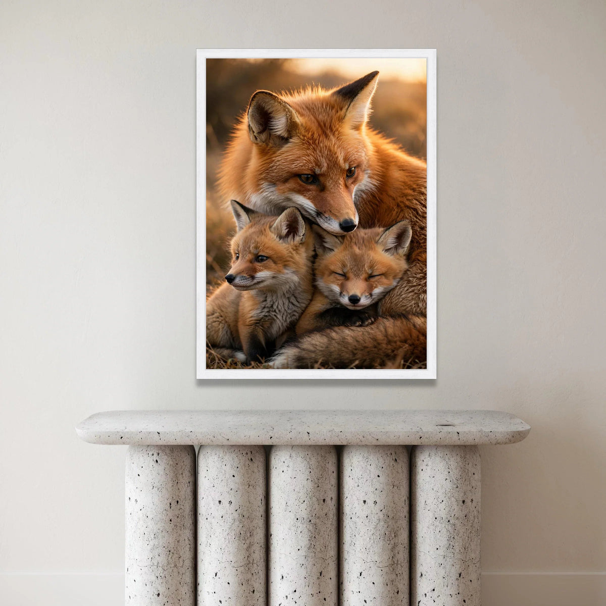 Caring Fox Family, Wildlife Canvas Wall Art, Animal Nature Photography, Warm Sunset Scene, Cozy Forest Decor, Ready to Hang Canvas Print Art