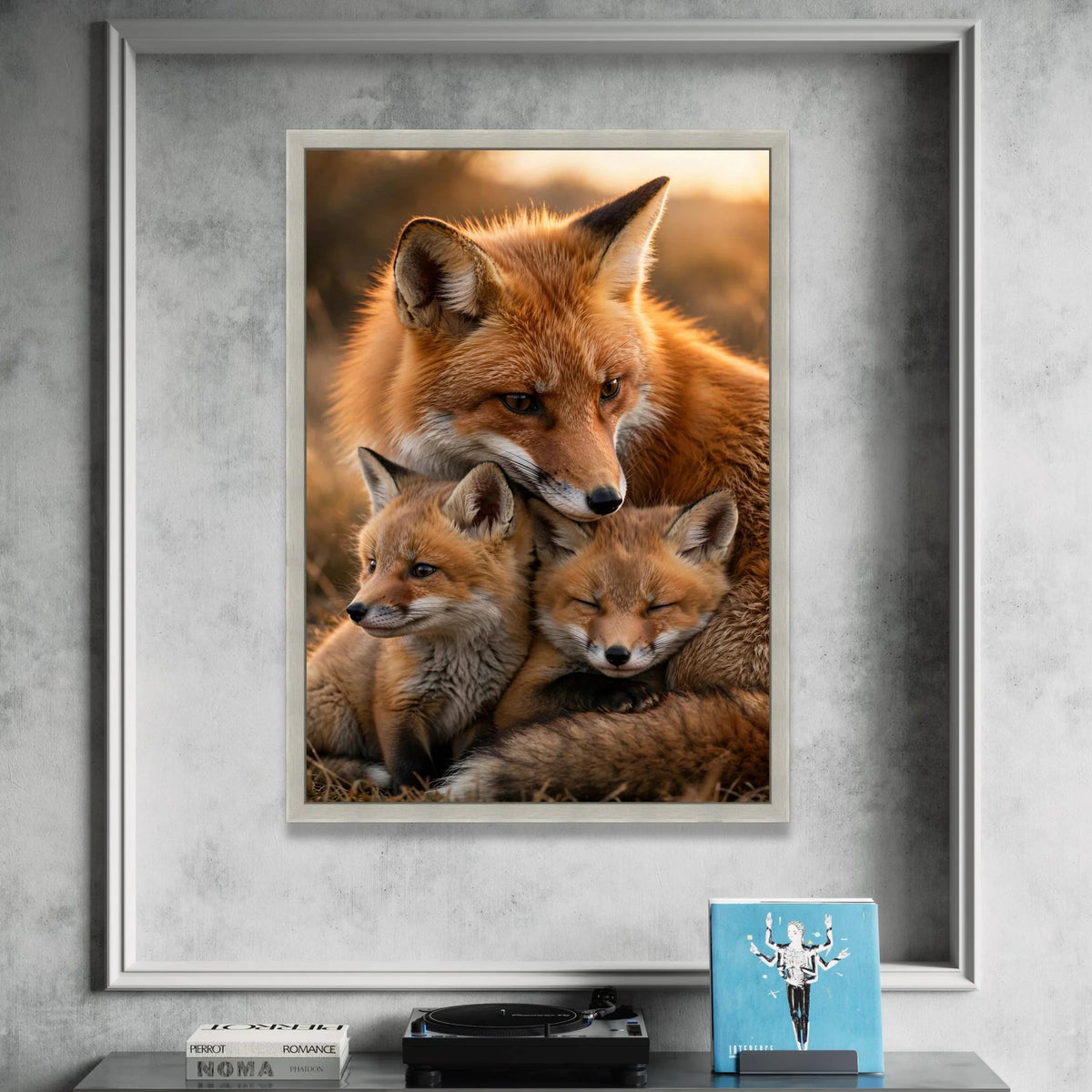 Caring Fox Family, Wildlife Canvas Wall Art, Animal Nature Photography, Warm Sunset Scene, Cozy Forest Decor, Ready to Hang Canvas Print Art
