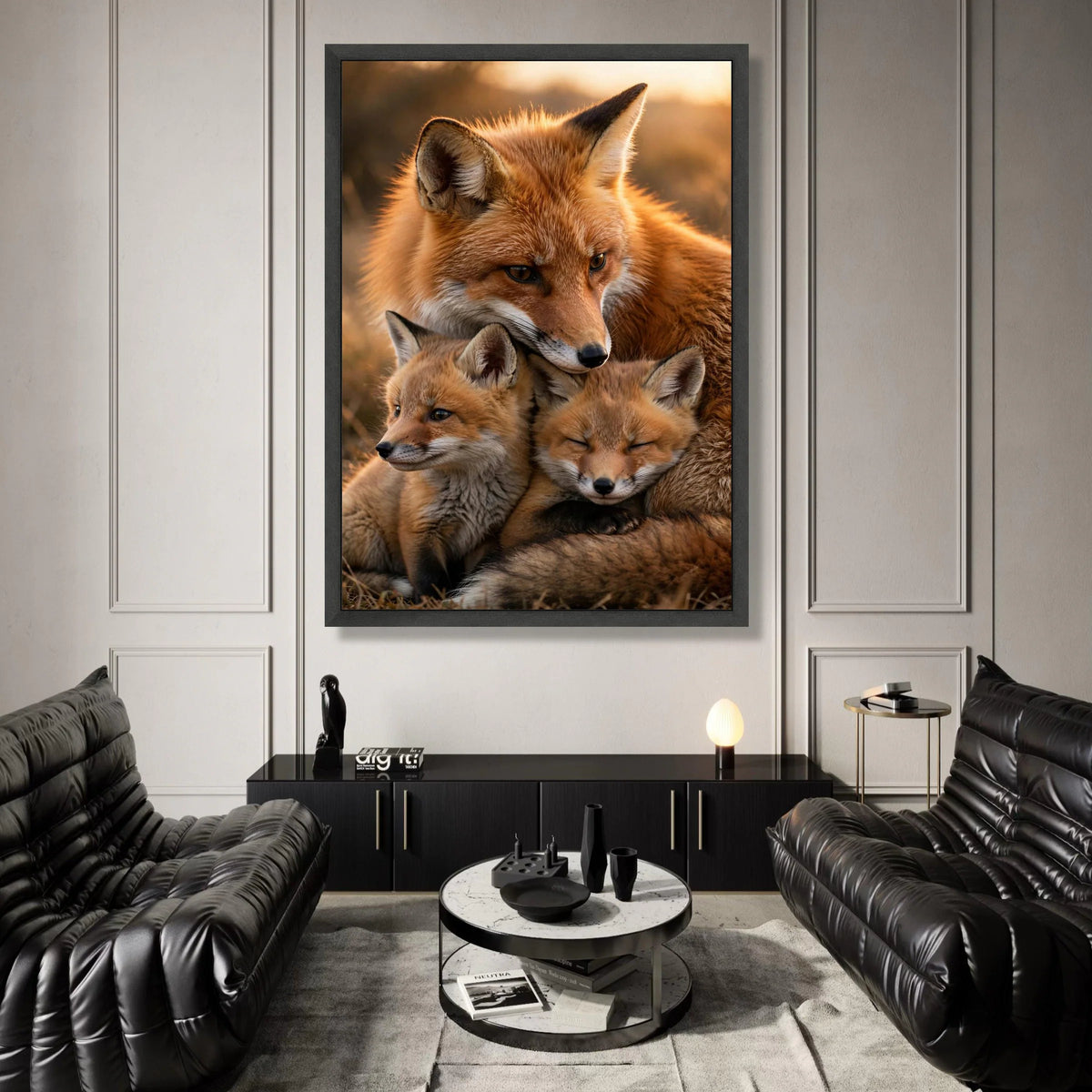 Caring Fox Family, Wildlife Canvas Wall Art, Animal Nature Photography, Warm Sunset Scene, Cozy Forest Decor, Ready to Hang Canvas Print Art