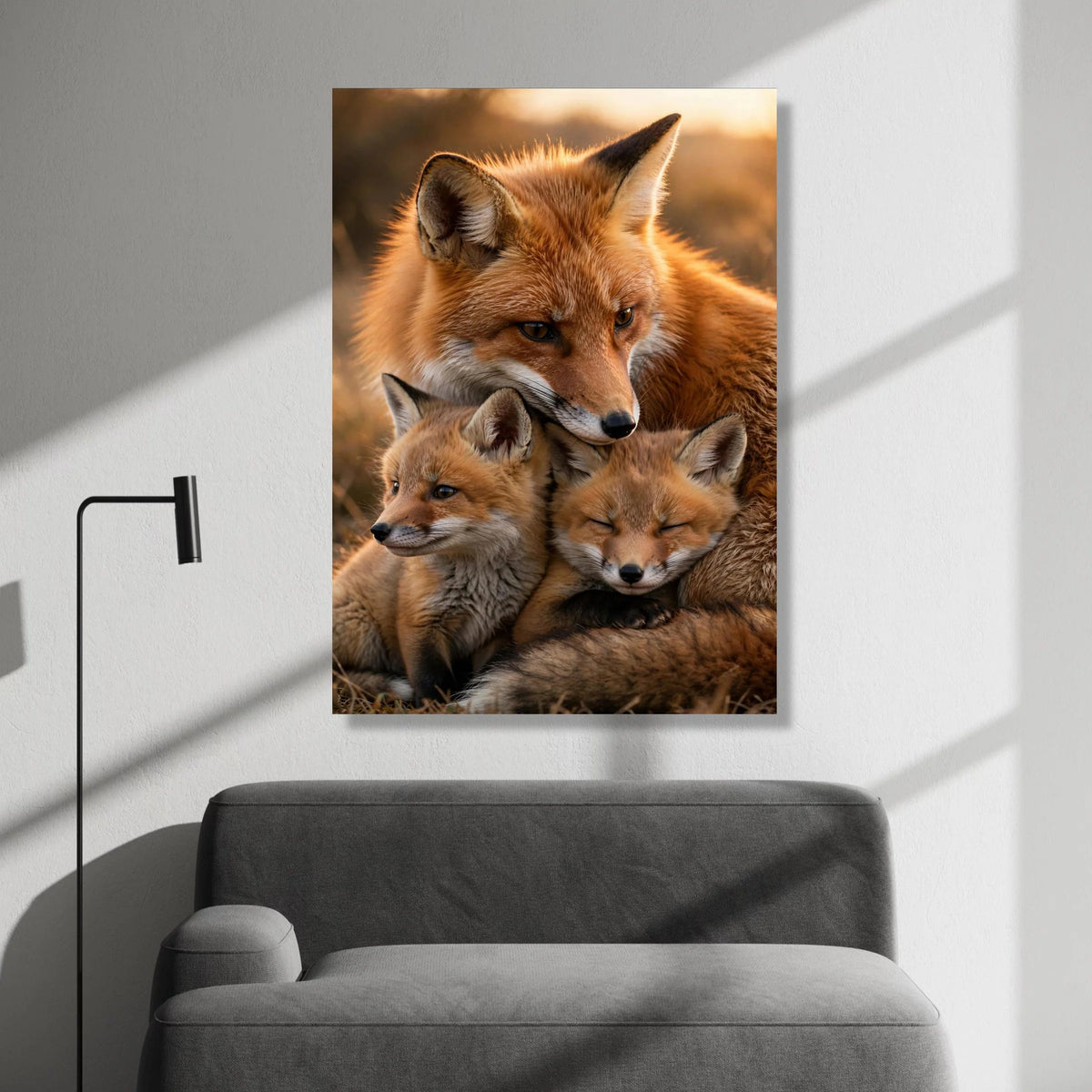 Caring Fox Family, Wildlife Canvas Wall Art, Animal Nature Photography, Warm Sunset Scene, Cozy Forest Decor, Ready to Hang Canvas Print Art