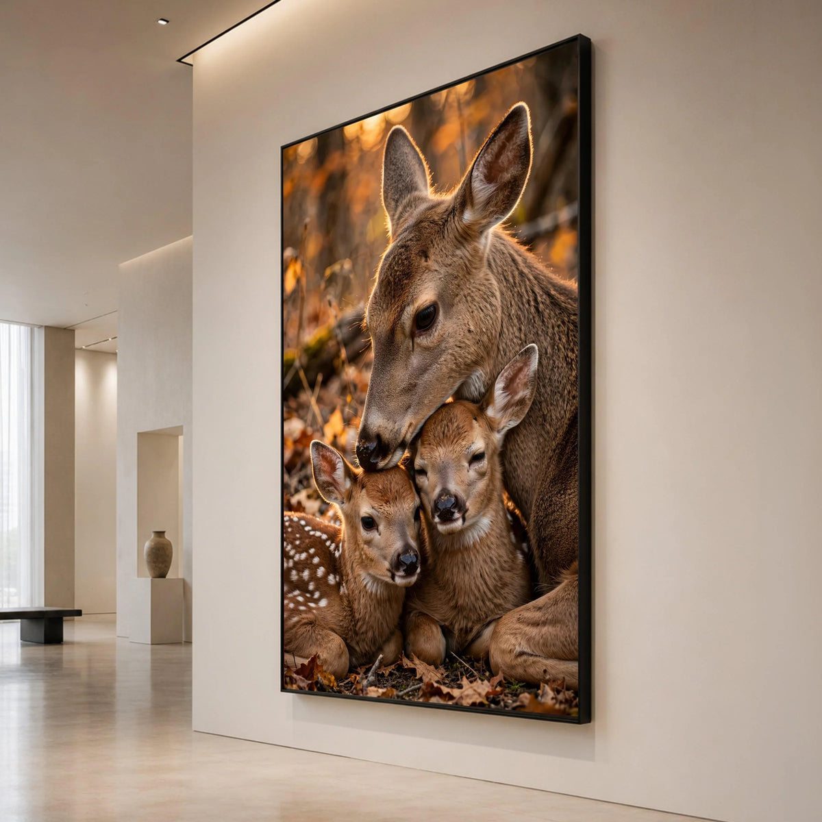 Tender Deer Family Close-Up Canvas, Woodland Animal Wall Art, Nature Wildlife Canvas Decoration, Cozy Forest Scene Ready to Canvas Print Art