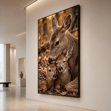 Tender Deer Family Close-Up Canvas, Woodland Animal Wall Art, Nature Wildlife Canvas Decoration, Cozy Forest Scene Ready to Canvas Print Art