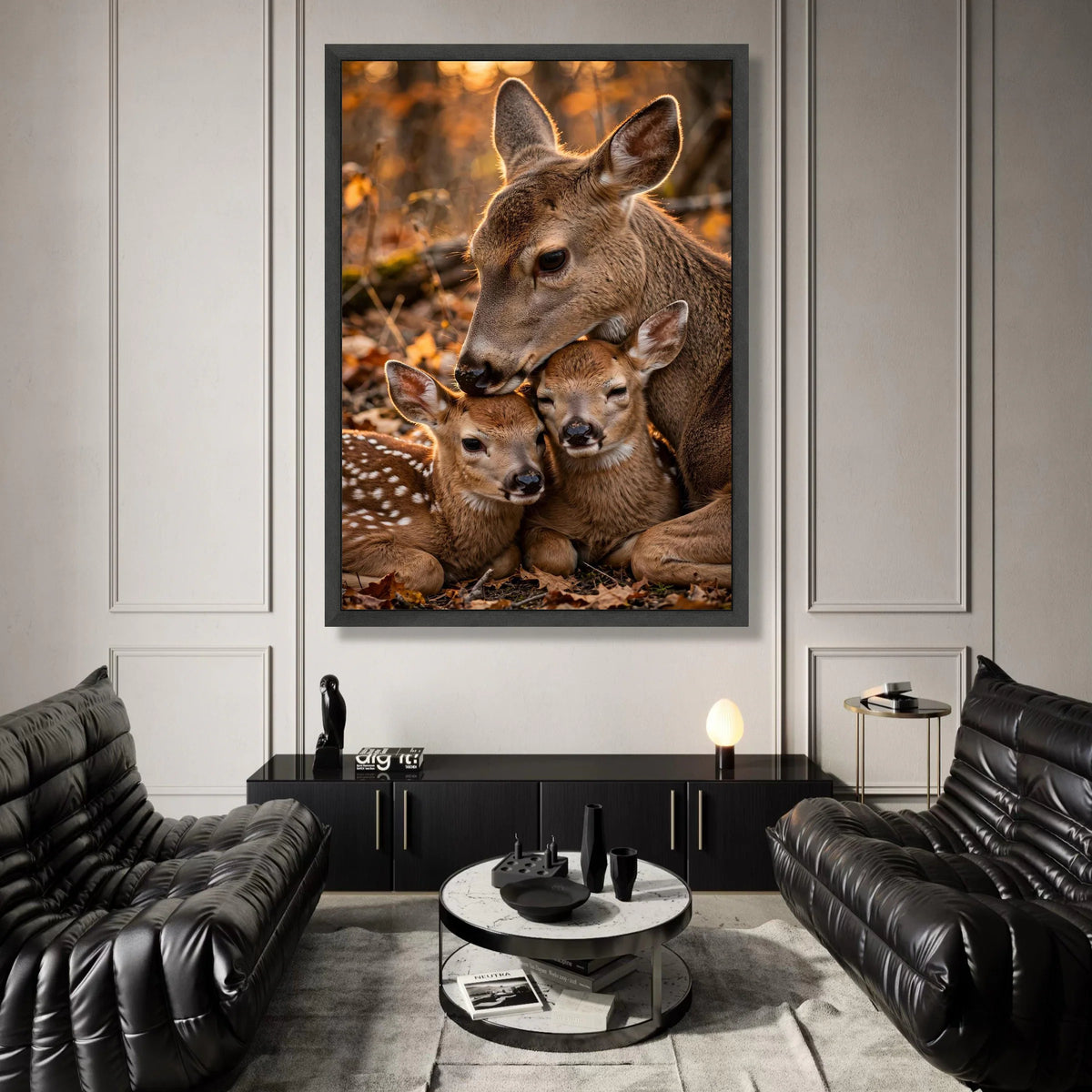 Tender Deer Family Close-Up Canvas, Woodland Animal Wall Art, Nature Wildlife Canvas Decoration, Cozy Forest Scene Ready to Canvas Print Art