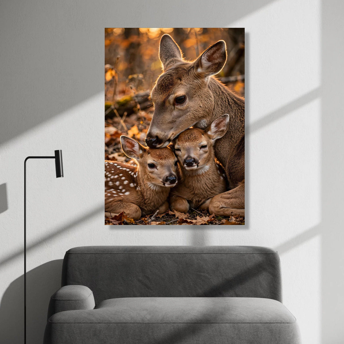 Tender Deer Family Close-Up Canvas, Woodland Animal Wall Art, Nature Wildlife Canvas Decoration, Cozy Forest Scene Ready to Canvas Print Art