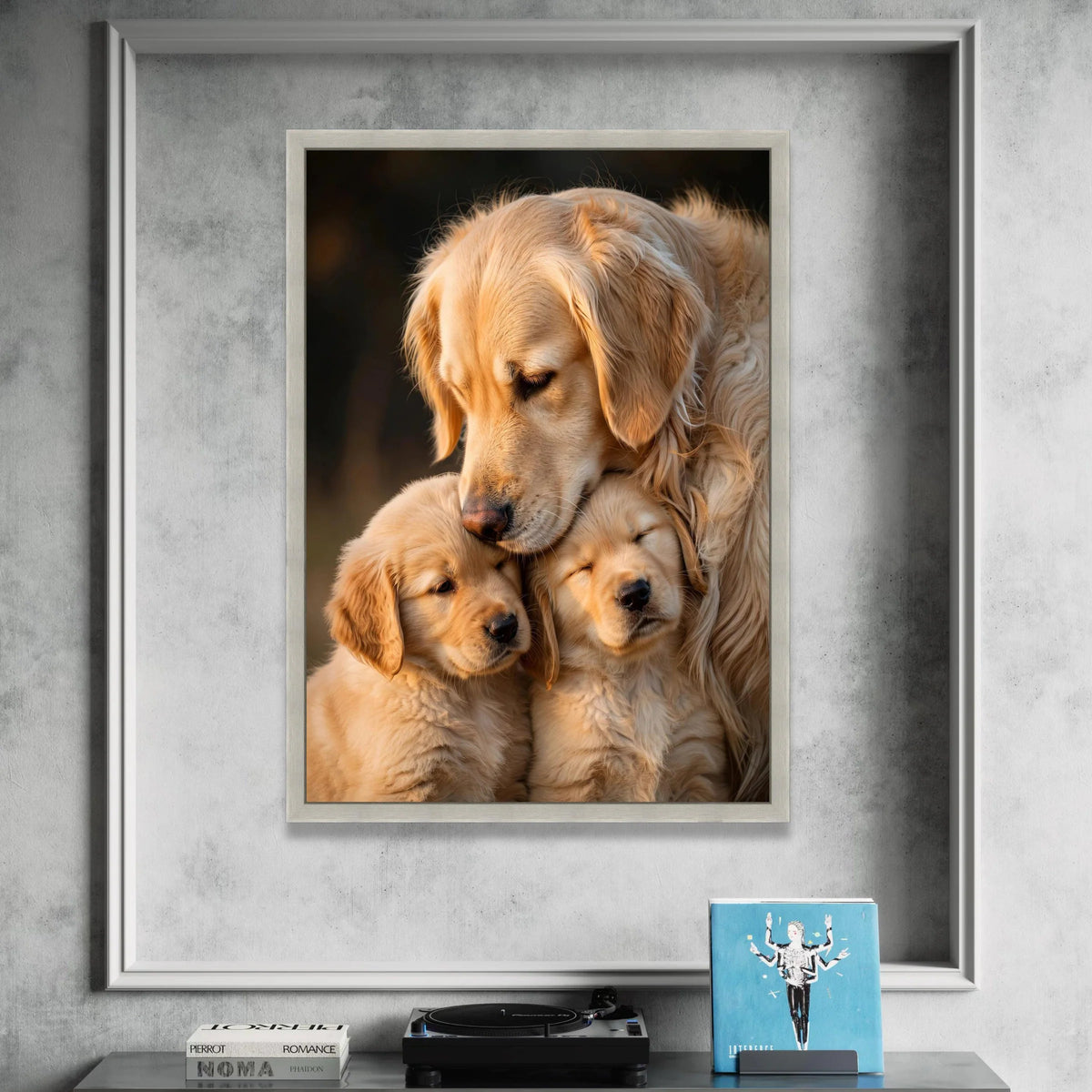 Golden Retriever Family Canvas, Dog Portrait Wall Art, Loving Pets Decoration, Warm Animal Canvas, Home Nursery Artwork Canvas Print Art