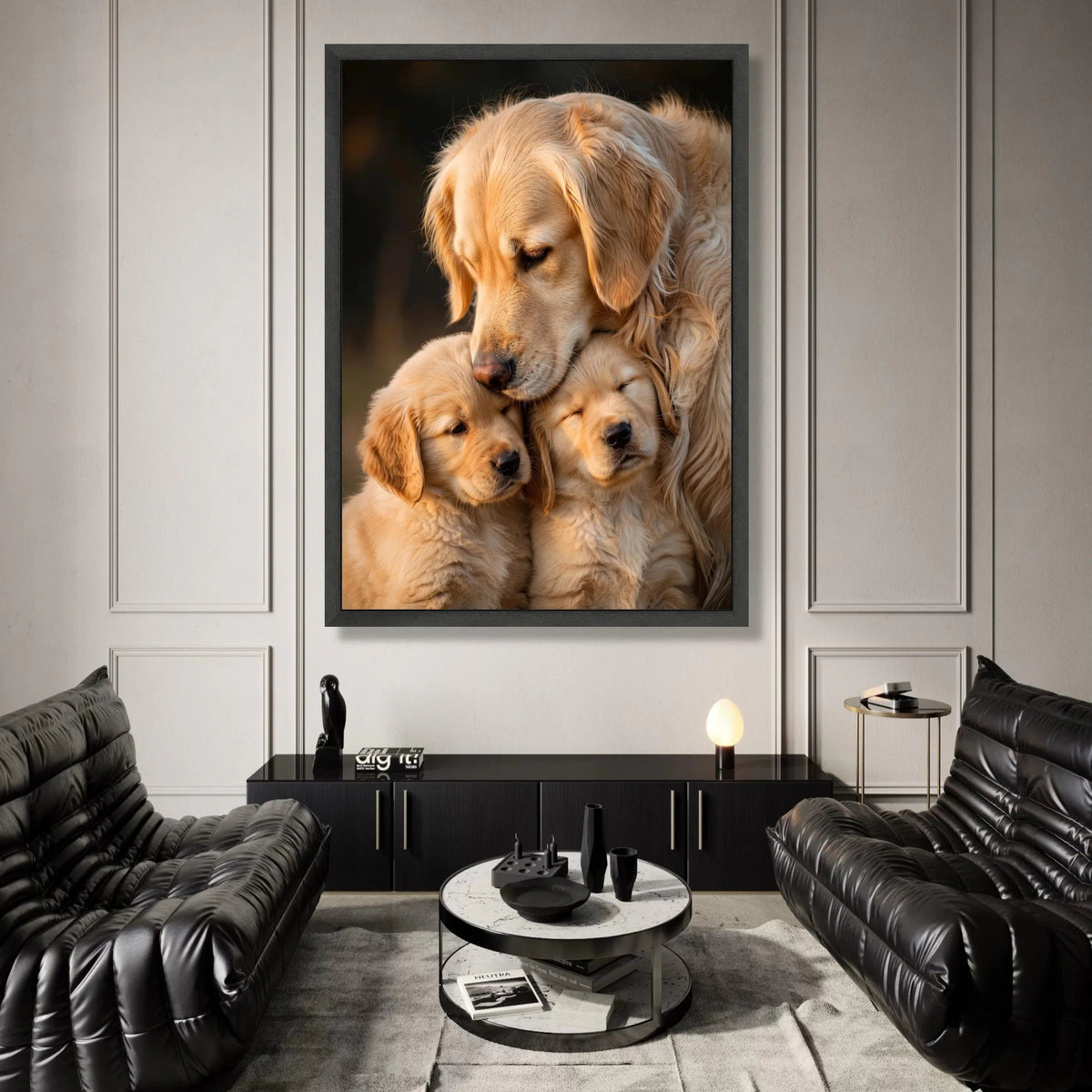 Golden Retriever Family Canvas, Dog Portrait Wall Art, Loving Pets Decoration, Warm Animal Canvas, Home Nursery Artwork Canvas Print Art