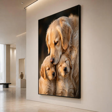 Golden Retriever Family Canvas, Dog Portrait Wall Art, Loving Pets Decoration, Warm Animal Canvas, Home Nursery Artwork Canvas Print Art