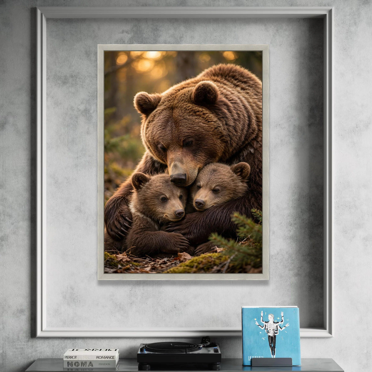 Tender Brown Bear Family Hug, Wildlife Canvas Wall Art, Nature Animal Portrait Canvas, Cozy Forest Scene, Ready to Hang Canvas Print Art