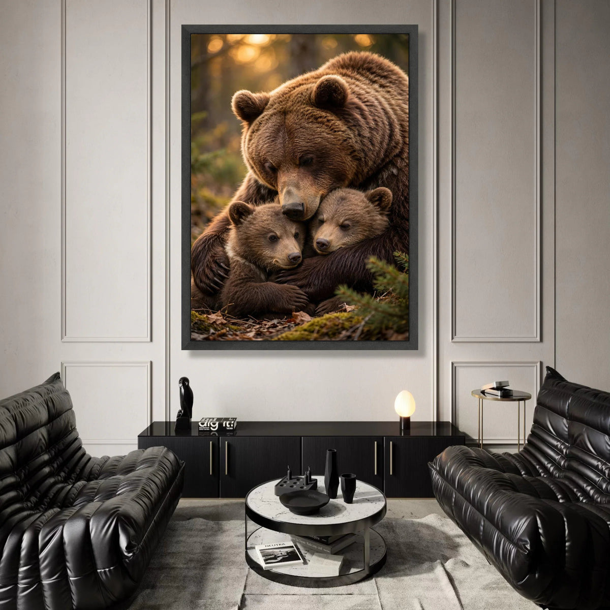 Tender Brown Bear Family Hug, Wildlife Canvas Wall Art, Nature Animal Portrait Canvas, Cozy Forest Scene, Ready to Hang Canvas Print Art