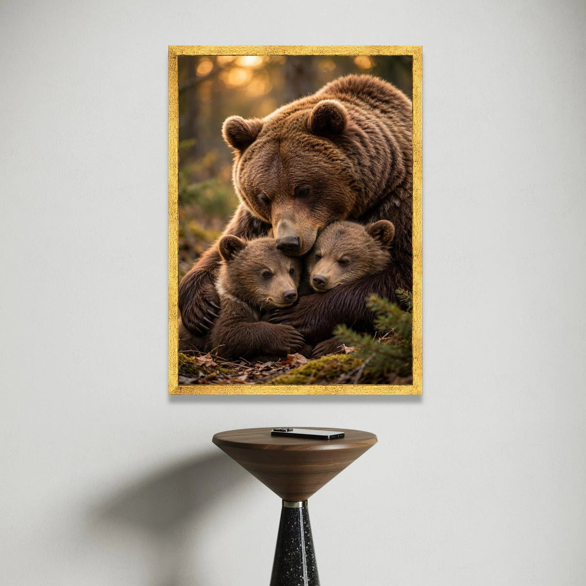 Tender Brown Bear Family Hug, Wildlife Canvas Wall Art, Nature Animal Portrait Canvas, Cozy Forest Scene, Ready to Hang Canvas Print Art