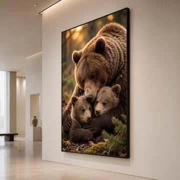 Tender Brown Bear Family Hug, Wildlife Canvas Wall Art, Nature Animal Portrait Canvas, Cozy Forest Scene, Ready to Hang Canvas Print Art