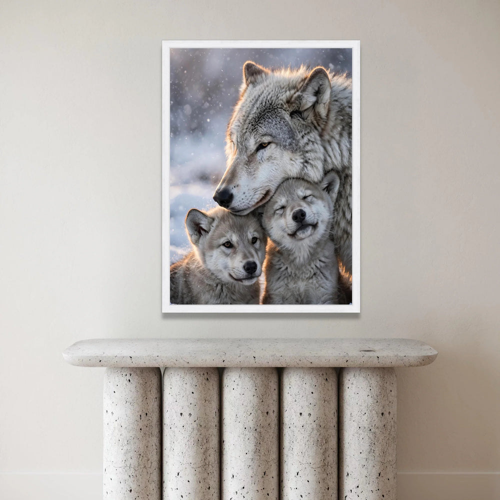 Loving Wolf Family, Winter Snow Canvas Wall Art, Nature Wildlife Decor, Animal Portrait Canvas, Cozy Home Decoration Canvas Print Art
