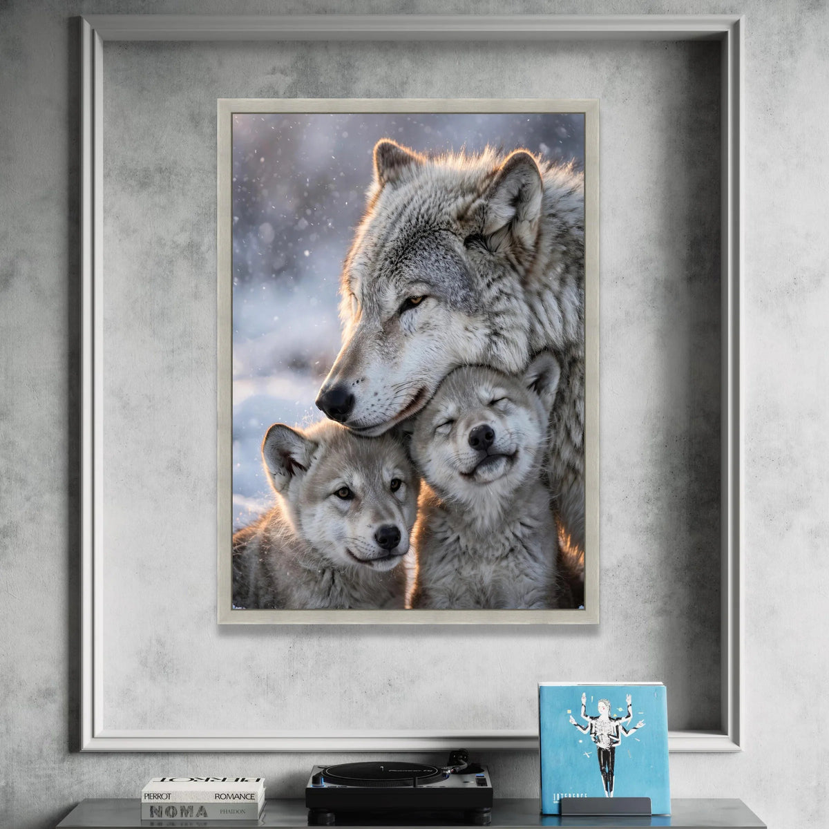 Loving Wolf Family, Winter Snow Canvas Wall Art, Nature Wildlife Decor, Animal Portrait Canvas, Cozy Home Decoration Canvas Print Art
