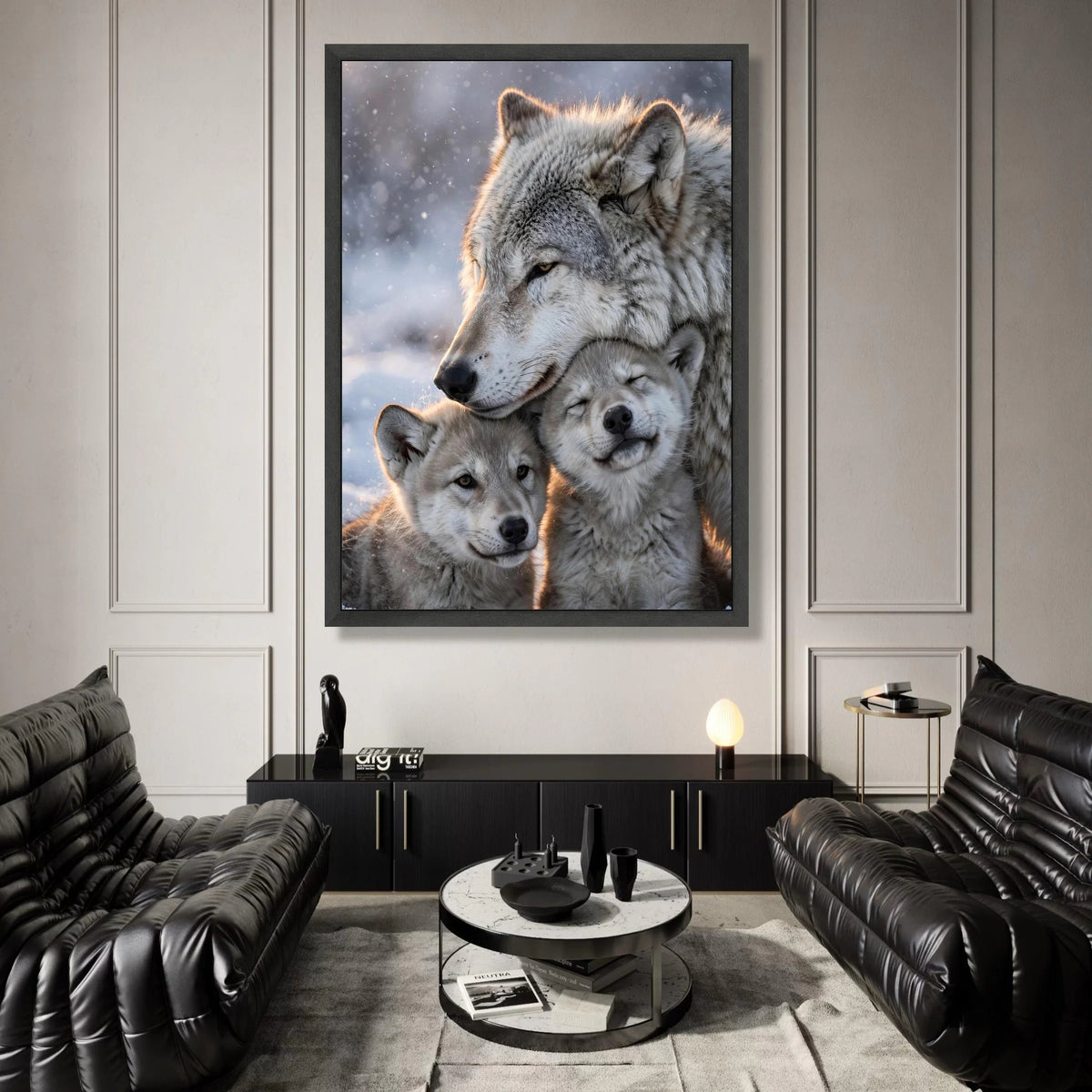Loving Wolf Family, Winter Snow Canvas Wall Art, Nature Wildlife Decor, Animal Portrait Canvas, Cozy Home Decoration Canvas Print Art