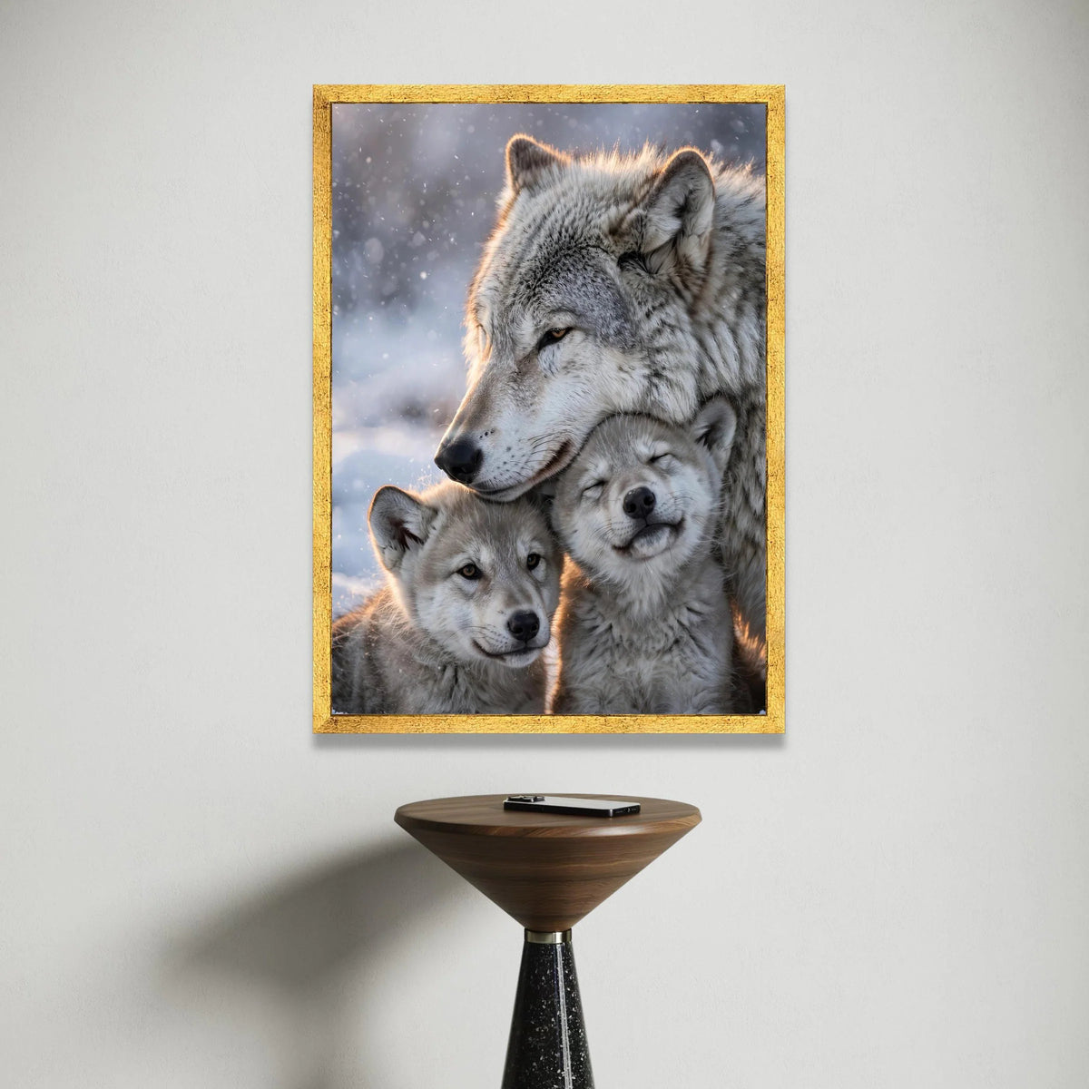 Loving Wolf Family, Winter Snow Canvas Wall Art, Nature Wildlife Decor, Animal Portrait Canvas, Cozy Home Decoration Canvas Print Art