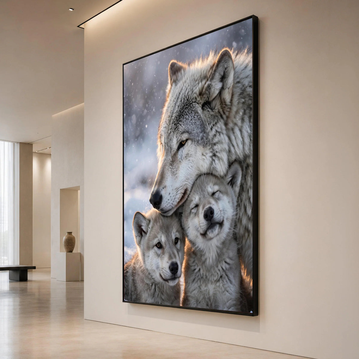 Loving Wolf Family, Winter Snow Canvas Wall Art, Nature Wildlife Decor, Animal Portrait Canvas, Cozy Home Decoration Canvas Print Art