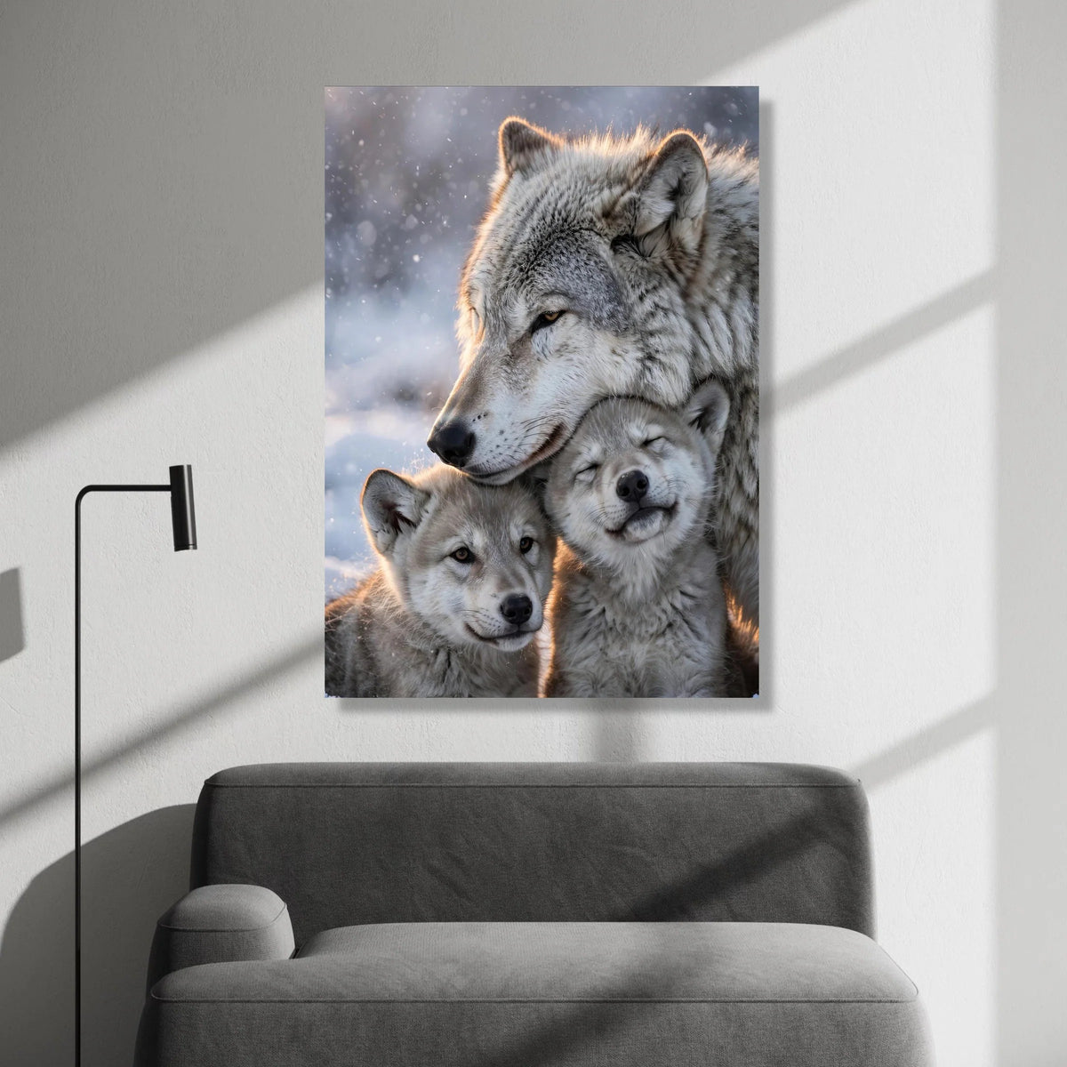 Loving Wolf Family, Winter Snow Canvas Wall Art, Nature Wildlife Decor, Animal Portrait Canvas, Cozy Home Decoration Canvas Print Art