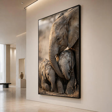 Tender Elephant Family Canvas Wall Art, Safari Animal Portrait, Wildlife Home Decor, Nature Conservation Canvas, Ready to Canvas Print Art