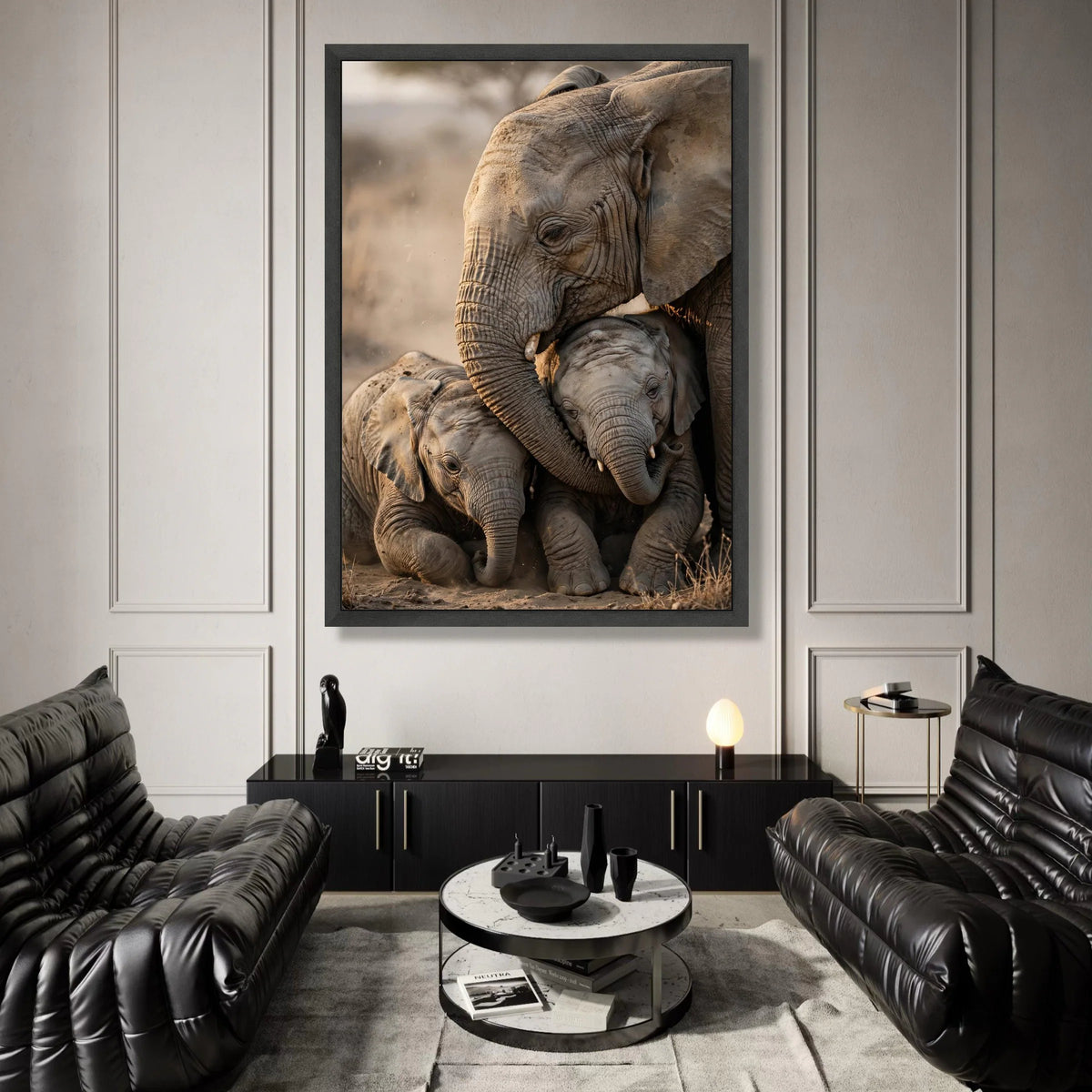 Tender Elephant Family Canvas Wall Art, Safari Animal Portrait, Wildlife Home Decor, Nature Conservation Canvas, Ready to Canvas Print Art