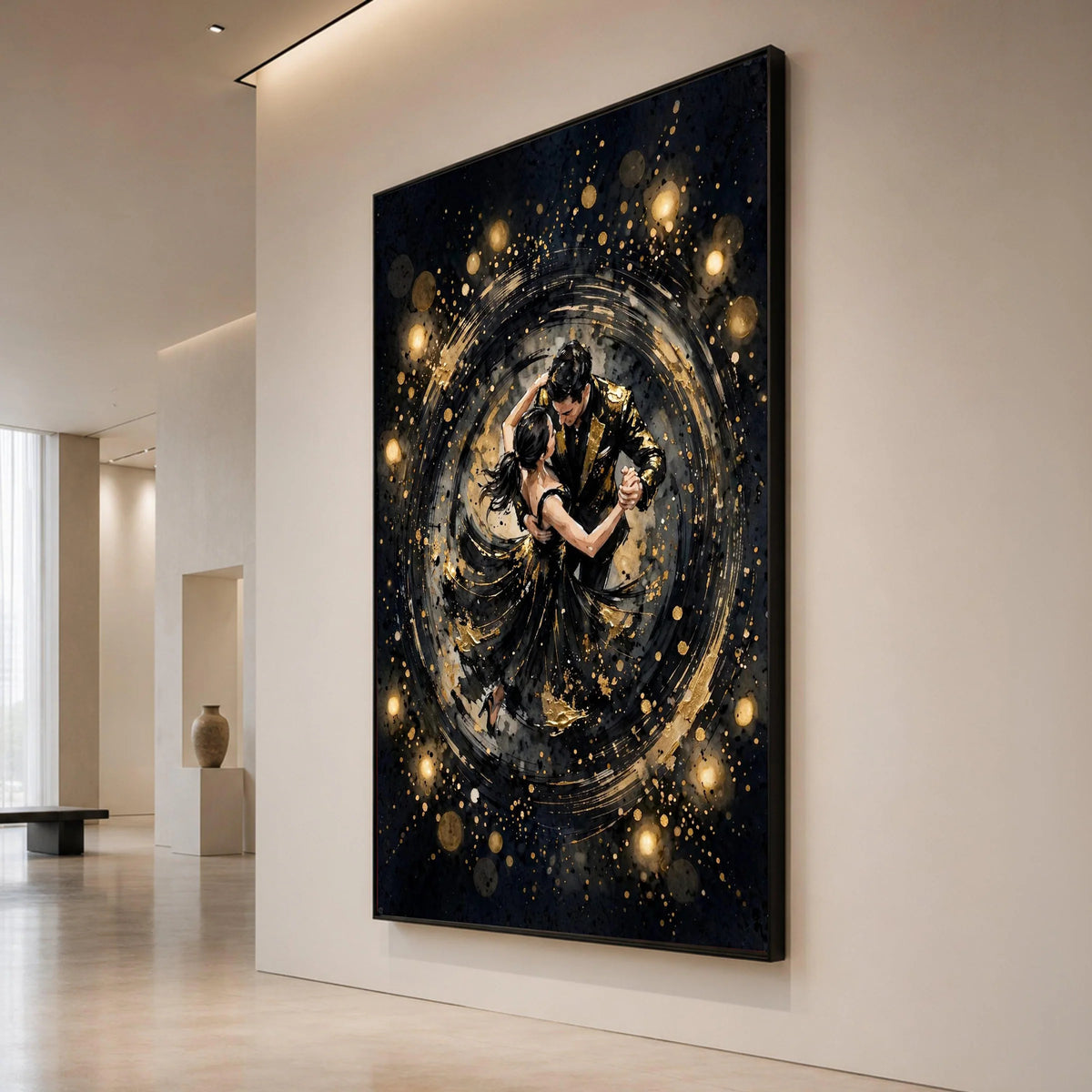 Elegant Dancing Couple Canvas Wall Art, Romantic Ballroom Dance Scene, Black and Gold Home Decoration, Modern Dance Canvas Print Art