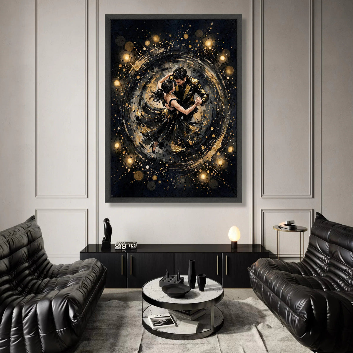 Elegant Dancing Couple Canvas Wall Art, Romantic Ballroom Dance Scene, Black and Gold Home Decoration, Modern Dance Canvas Print Art