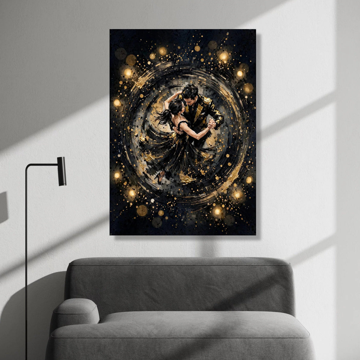 Elegant Dancing Couple Canvas Wall Art, Romantic Ballroom Dance Scene, Black and Gold Home Decoration, Modern Dance Canvas Print Art