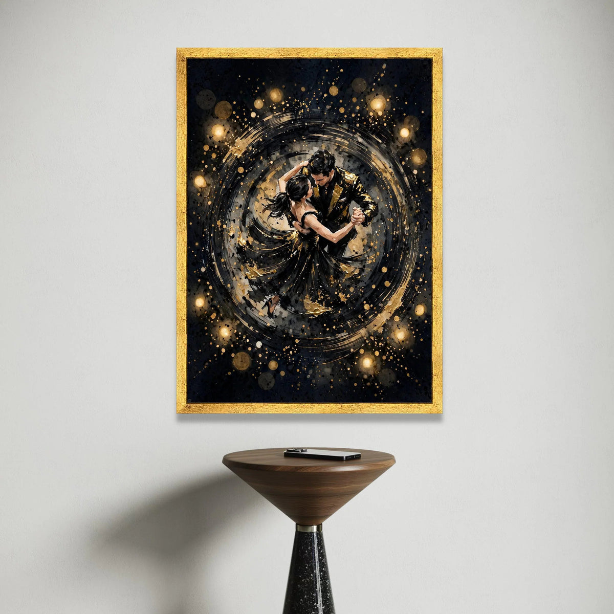 Elegant Dancing Couple Canvas Wall Art, Romantic Ballroom Dance Scene, Black and Gold Home Decoration, Modern Dance Canvas Print Art